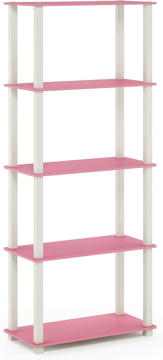 Furinno Turn-N-Tube 5-Tier Multipurpose Shelf / Display Rack / Storage Shelf / Bookshelf, Square Tubes, Pink/White