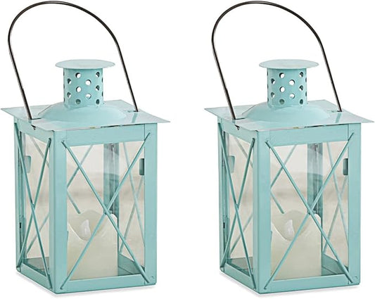 Kate Aspen Medium Decorative Lanterns - Set of 2 - Luminous Blue Metal Lantern Tealight Candle Holders Centerpieces for Wedding, Home Decor and Party - 6.3" H (8.9" H with Handle)