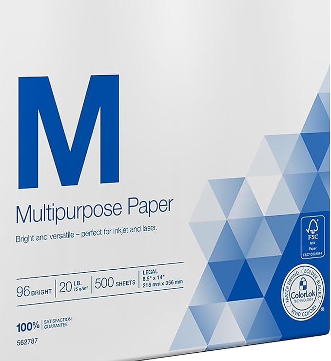 Staples Multipurpose Laser Inkjet Copy Paper, 8 1/2 Inch x 14 Legal Size, 20 lb., 96 Bright White, ColorLok, Ream