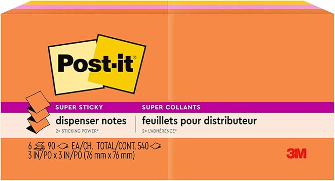 Post-it Super Sticky Dispenser Pop-up Notes, 6 Sticky Note Pads, 3 x 3 in., 2X The Sticking Power, New Year Organization or Second Semester School Supplies, Energy Boost Collection