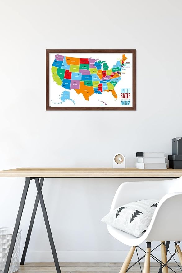 Trends International Map - United States Of America 2022 Wall Poster, 14.725" x 22.375", Mahogany Framed Version