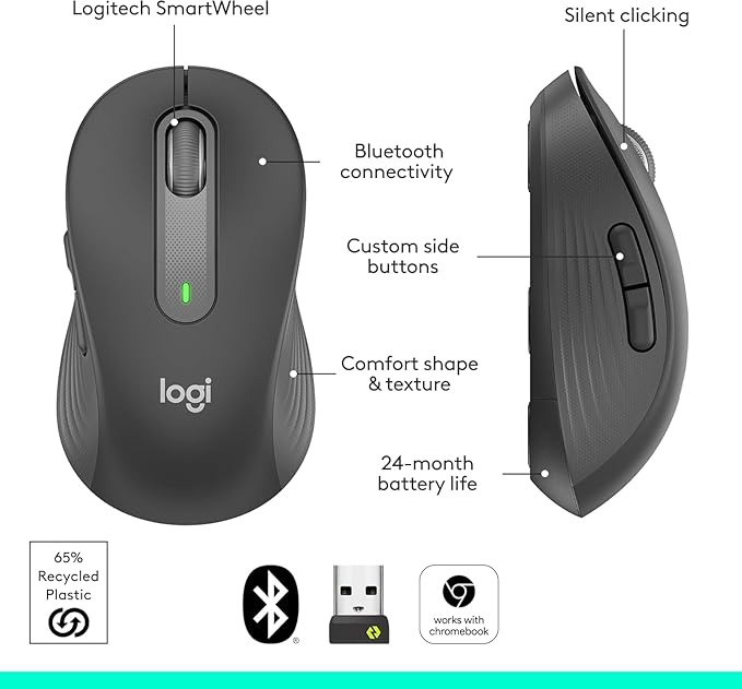 Logitech Signature M650 L Full Size Wireless Mouse - for Large Sized Hands, 2-Year Battery, Silent Clicks, Customizable Side Buttons, Bluetooth, Multi-Device Compatibility - Black (Renewed)