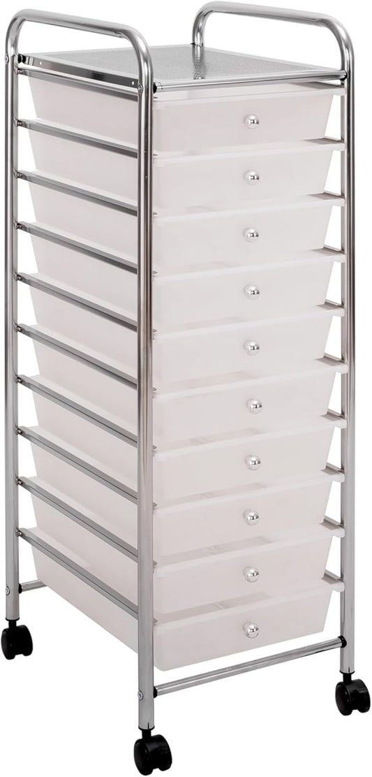 Seville Classics Rolling Utility Organizer Storage Cart, for Home Office, School, Classroom, Scrapbook, Hobby, Craft, 10 Drawer, Frost White