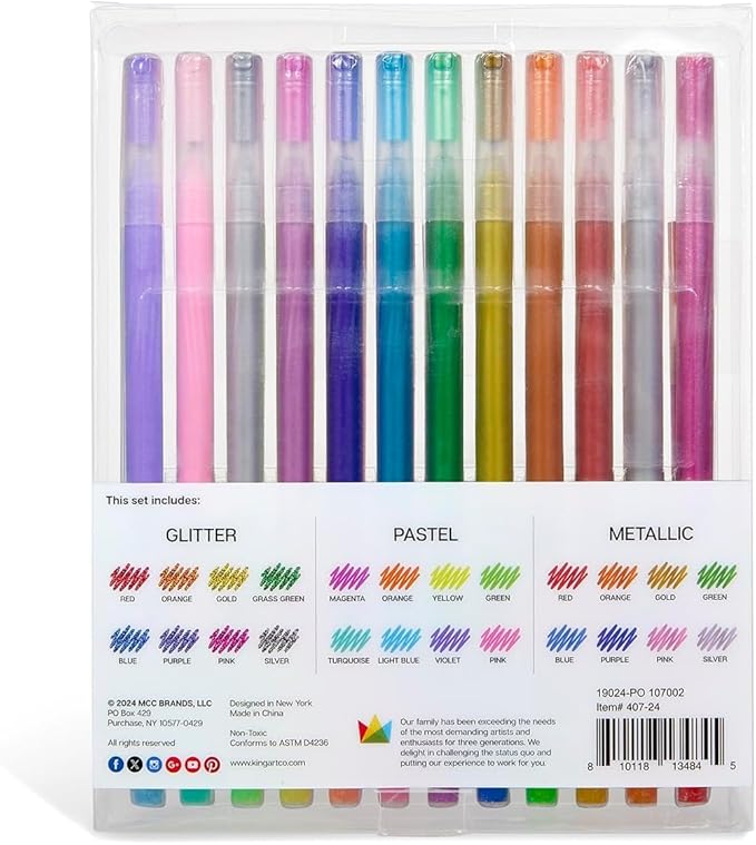 KINGART 24 Gel Pens Set: Glitter, Metallic & Pastel Colors for Adult Coloring Books, Journaling, Scrapbooking & DIY Crafts