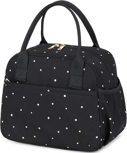 CAMTOP Lunch Box for Women Insulated Lunch Bag Lunchbox Cooler Thermal Leakproof Quilted Reusable Lunch Tote Bag for Work School Travel Picnic (Black White Dots)