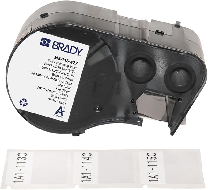 Brady Authentic (M5-115-427) Self-Laminating Vinyl Wrap Around Labels 1.25" H x 1.5" W Black on White, Clear, 200 Labels. for use with The BMP51 and M511 Label Printers
