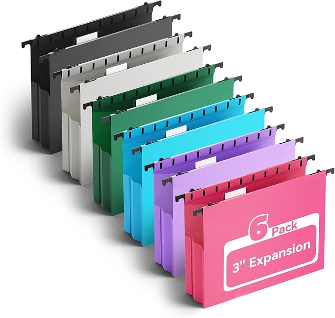 Ansook Plastic Hanging File Folders Letter Size,Heavy Duty 3" Expansion Hang Folder,6 Pack File Cabniet Folder,Extra Capacity File Folders Hanging with Tabs,Hanging File Organizer for School Office