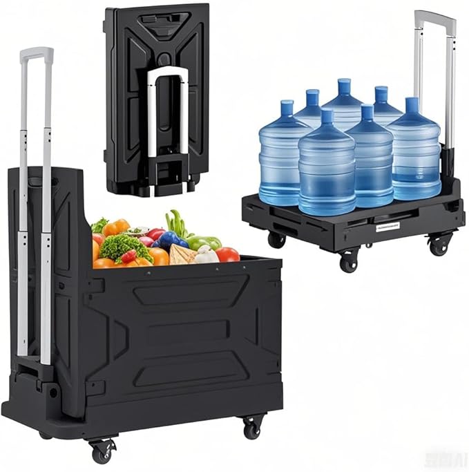 VECELO Foldable Shopping Cart with Wheels, Collapsible Rolling Crate for Groceries, Folding Storage Box with Handle, Three Modes of Use, Ideal for Teacher, Trip, Outdoors, Etc., 16GAL, Black