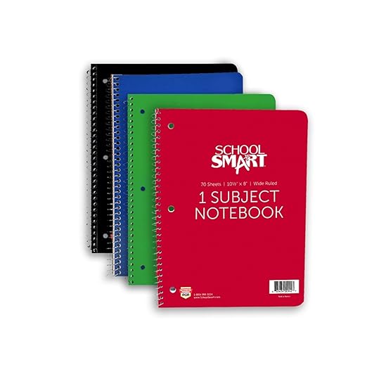 School Smart Spiral Wide Ruled Notebook, 8 x 10-1/2 Inches
