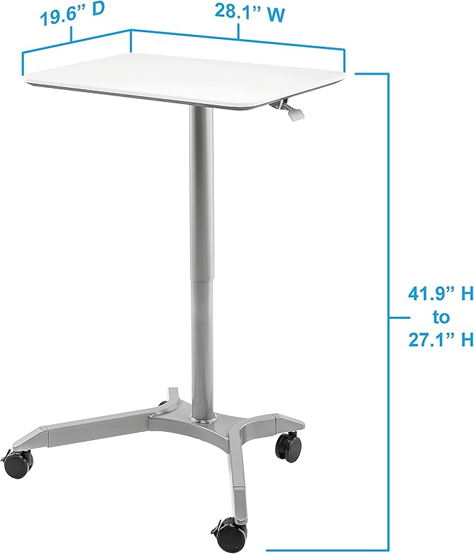 Seville Classics AIRLIFT XL 28" Pneumatic Height Adjustable Sit-Stand Mobile Laptop Computer Desk Cart (27.1" to 41.9" H), White
