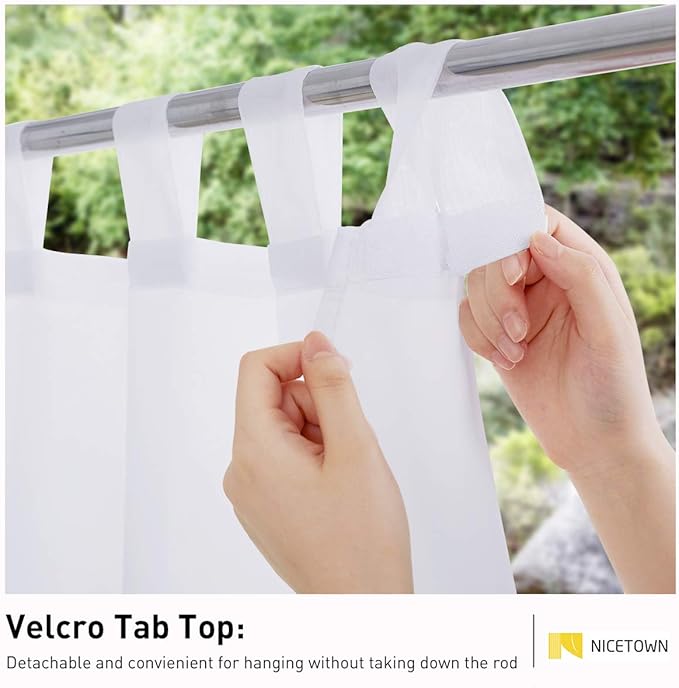 NICETOWN 2 Panels Patio Curtains Outdoor Waterproof, Sticky Tab Top Porch Decor Indoor Outdoor Curtains & Drapes Lightweight & Airy for Garden/Sun Room, White, W54 x L108