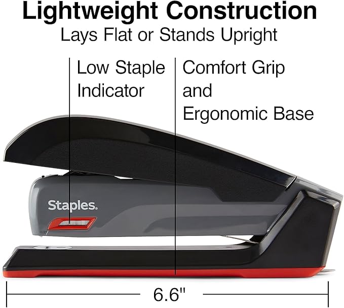 Staples One‑Touch Desktop Stapler, Full‑Strip Capacity, Gray/Black/Red – Smooth‑Press Stapler