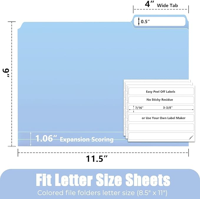 Habgp 18 Pcs Manilla Folders 8.5 x 11 Inch, 1/3-Cut Tab Colored File Folders Letter Size, Plastic Folder Aesthetic, School Business Office Manila Folders for Documents Paper