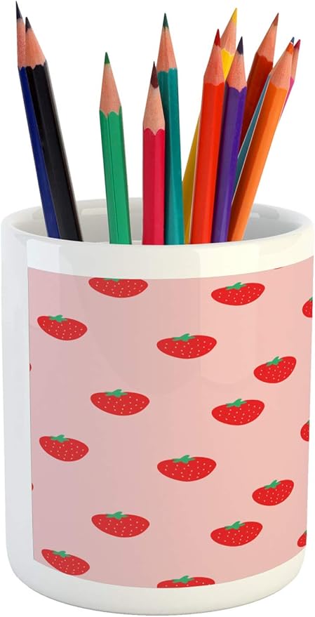 Ambesonne Strawberry Pencil Pen Holder, Continuous Cartoon Style Simplistic Summer Time Strawberries Art, Ceramic Pencil Holder for Desk Office Accessory, 3.6" X 3.2", Rose Dark Pink and Green