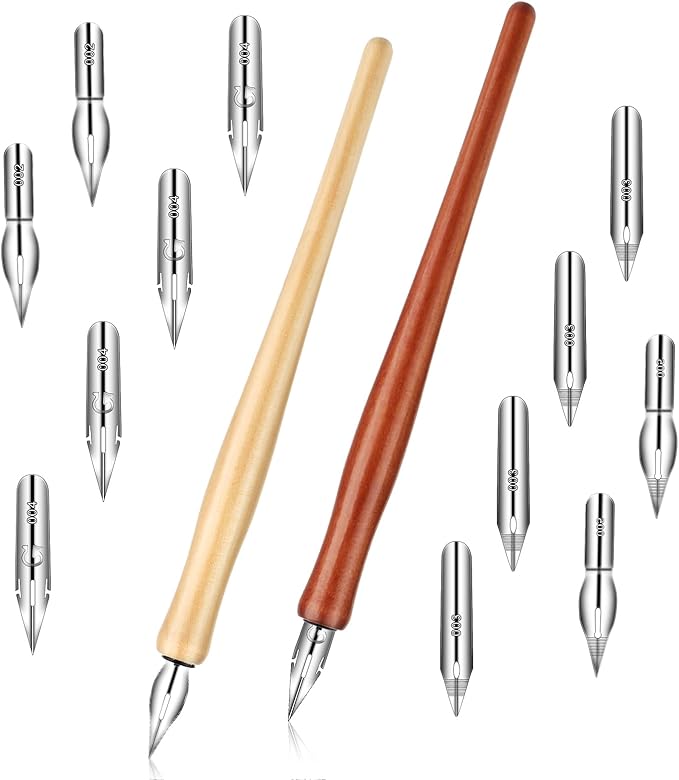 14pcs Oblique Calligraphy Comic Pen Set, 2-in-1 Wooden Pen Holder with 12 Stainless Steel Replacement Nibs for Writing, Signing, Painting, Sketching