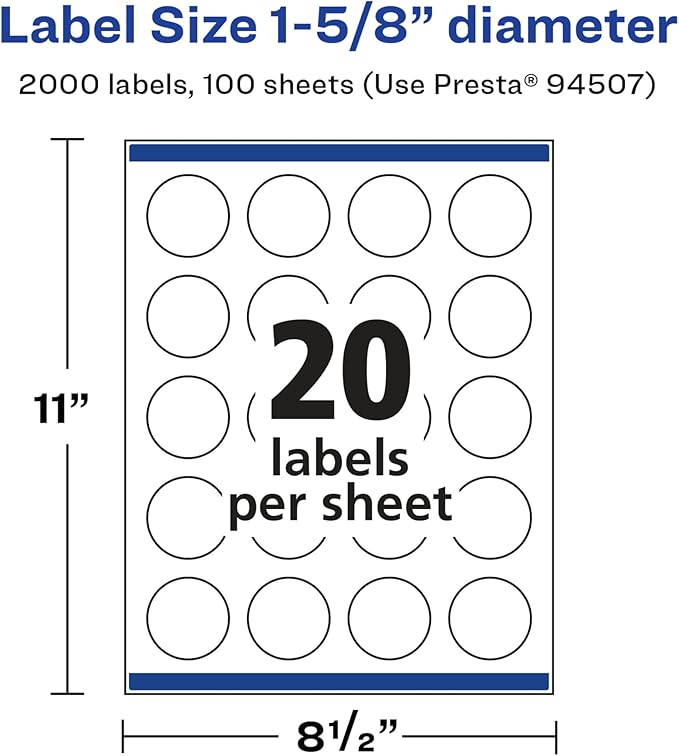 Avery Glossy White Round Labels, Sure Feed Technology, 1-5/8" Diameter, 2,000 Glossy White Labels, Print-to-The-Edge, Permanent Adhesive, Laser/Inkjet Printable