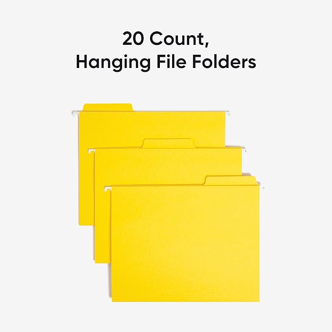 Smead FasTab Hanging File Folder, 1/3-Cut Built-in Tab, Letter Size, Yellow, 20 Count (64097)