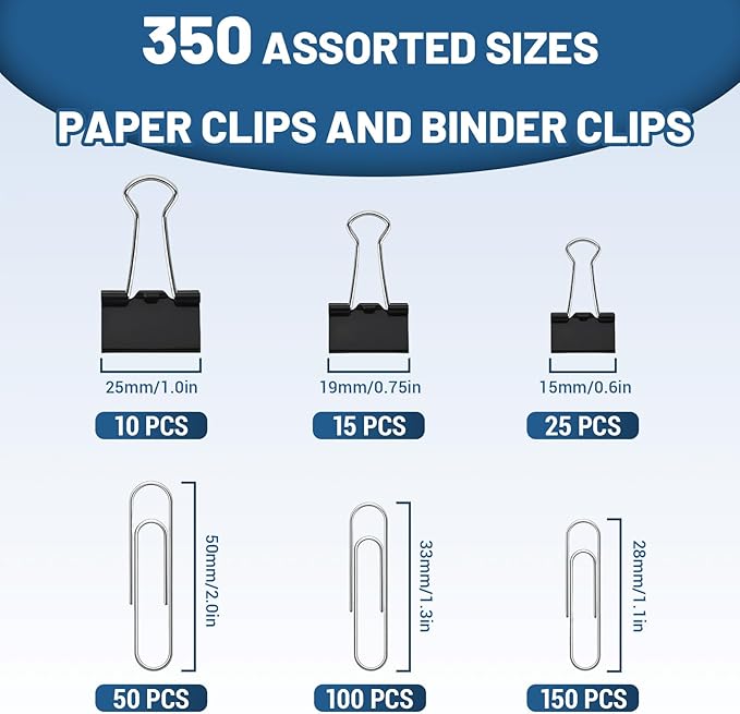 350 Pcs Paper Clips and Binder Clips,Office Clips Set, Large Binder Clips,Assorted Sizes Set, Black Metal Office Clips, Paper Clamps, for Office and School Supplies