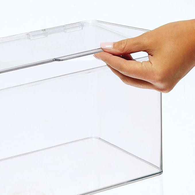 mDesign Small Plastic Home Office Storage Organizer Box Containers with Hinged Lid for Desktops - Holds Pens, Pencils, Sticky Notes, Highlighters, Staples, and Supplies - Lumiere Collection - Clear