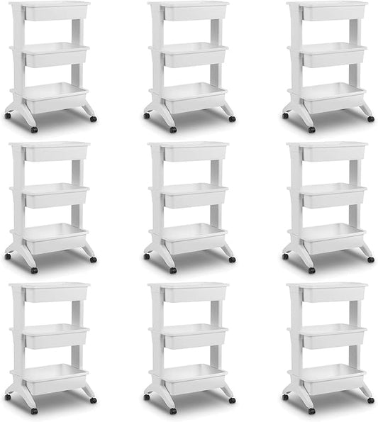 Sterilite 3 Tier Utility Cart Portable Storage Open Bin Organizer with 360 Degree Smooth Rolling Caster Wheels, Supports 10 lb Per Tier, White, 9-Pack
