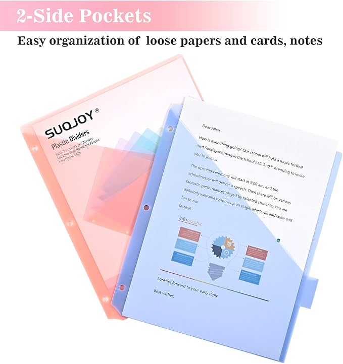 8-Tab Dividers for 3 Ring Binder, 96 Count Binder Dividers with Pockets, Subject Dividers, 3-Hole Plastics Sheets Protectors for US Letter Size in 0.5", 1",2" Binders, 8 Pastel Colors, 12 Packs