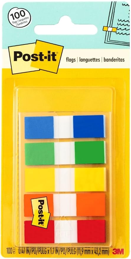 Post-it Flags in Portable Dispenser, 100 Flags/Pack, .47 in x 1.7 in, 20 Each of Red, Bright Orange, Yellow, Green, and Blue (683-5CF) - 24 Pack