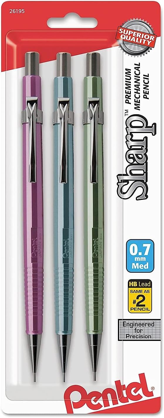Pentel Sharp Mechanical Pencil, (0.7mm), Medium Line, Metallic Barrel, Assorted Colors, Pack of 3 (P207MBP3M1)