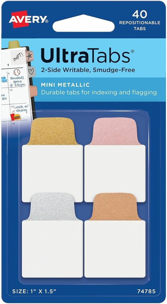 Avery 74785 Ultra Tabs Repositionable Tabs, 1 x 1.5, Assorted Metallic, 40/PK