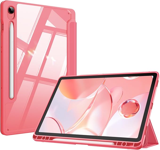 Fintie Hybrid Slim Case for Samsung Galaxy Tab S10 Lite/ S10 FE/ S9 FE 10.9 Inch/Tab S9 11 Inch with S Pen Holder, Shockproof Cover with Clear Transparent Back Shell, Auto Wake/Sleep, Watermelon Red