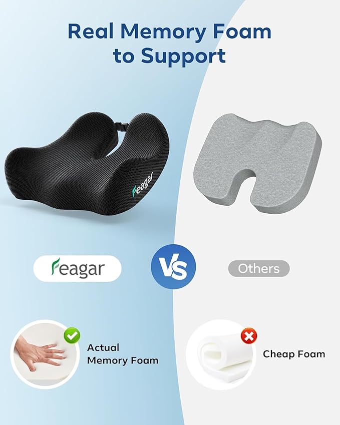 Feagar Office Chair Cushion for Sciatica & Tailbone Pain Relief – Extra Thick Memory Foam Seat Cushion for Long Sitting, Desk Chair & Wheelchair, Non-Slip Bottom