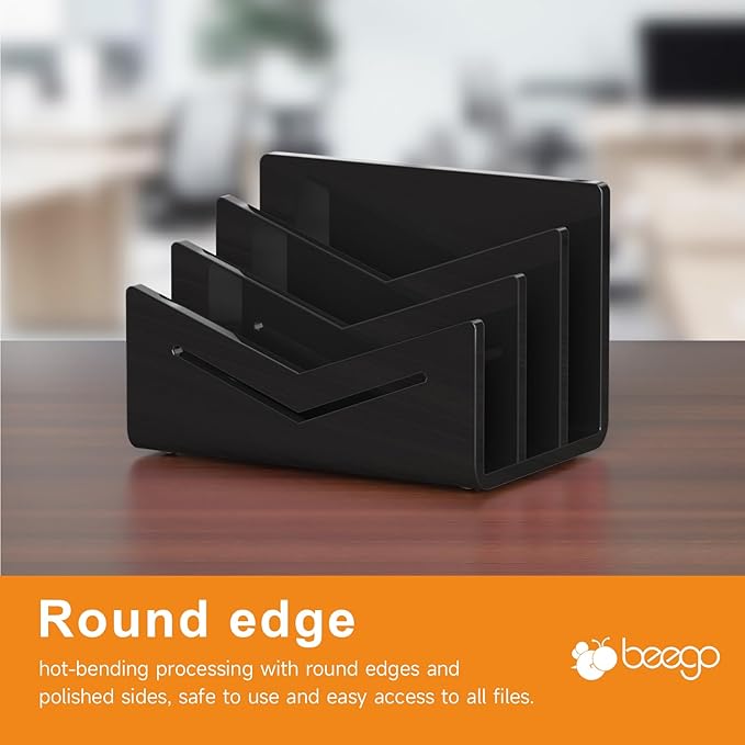 Beego Envelope and Mail Organizer Countertop - 3 Compartments Black Acrylic Desk Organizer Letter Holder Desktop File Sorter Bill Document Folder Rack for Office, Home, School Desk Organization