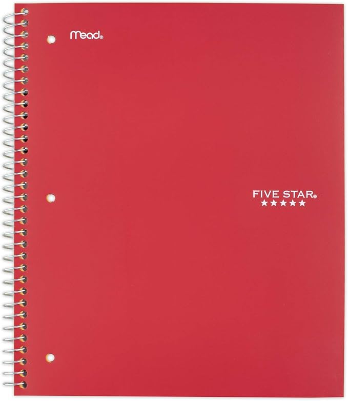 Five Star Spiral Notebook + Study App, 1 Subject, Wide Ruled Paper, 8" x 10-1/2", 100 Sheets, Fights Ink Bleed, Water Resistant Cover, Fire Red (72017)