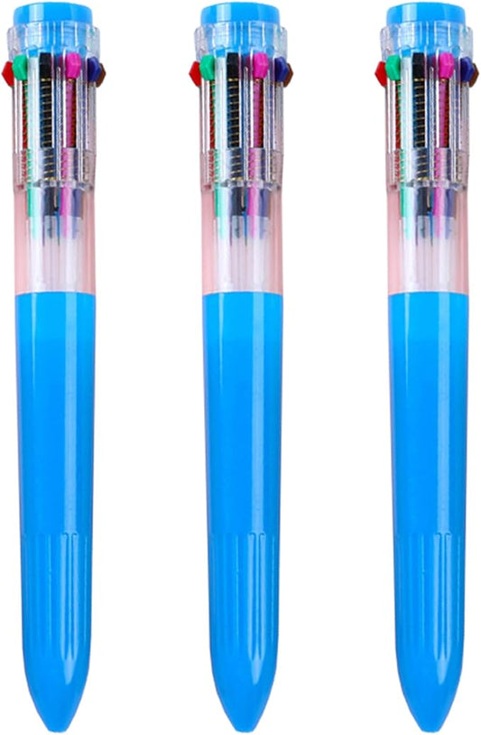 HeTaoCat Multicolor Pens 3 Pack 0.5mm 10-in-1 Retractable Ballpoint Pens - 10 Colors Transparent Barrel Ballpoint Pen for Office Supplies (Blue)