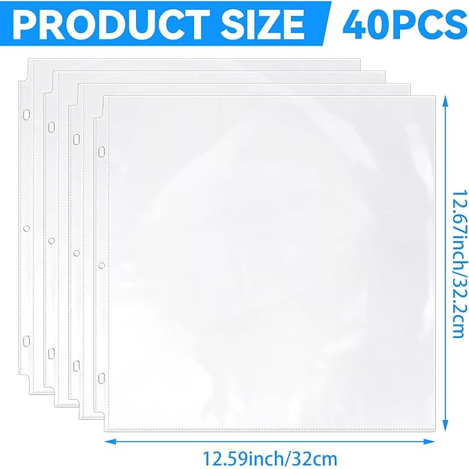 Vmiapxo 40 Pack Scrapbook Refill Pages 12x12 Inch, Clear Page Protectors Fit 3 Ring Scrapbooking Binder & 12 x 12 Photo Album, Heavyweight Plastic Protective Sleeves, Sheet Protectors
