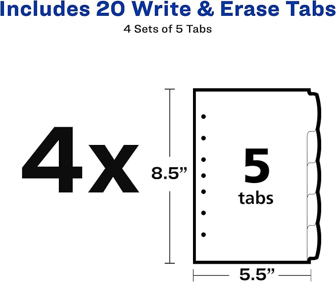 Avery Insertable Style Edge Plastic Mini Dividers for 3 Ring Binders, 5.5" x 8.5", 5-Tab Sets, Multicolor, 4 Binder Divider Sets (21118)