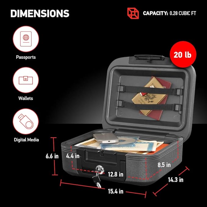 SentrySafe Charcoal Gray Fireproof and Waterproof Safe Box with Key Lock, Portable Chest for Money, Passport, 0.28 Cubic Feet, 6.6 x 15.4 x 14.3 Inches, CHW20221