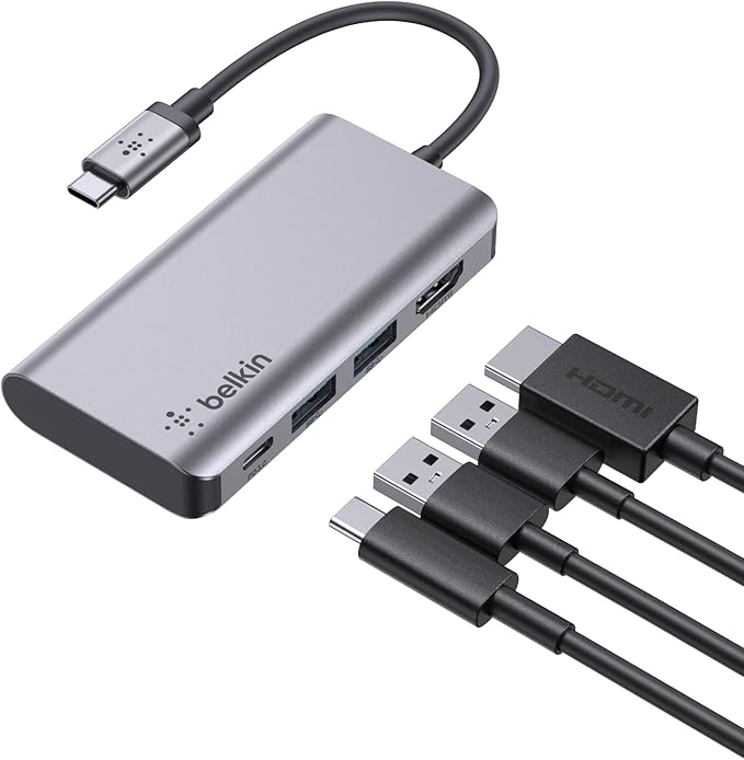 Belkin USB C Hub, 4-in-1 Multi-Port Laptop Dock with 4K HDMI, USB C Docking Station with 100 Watt Pass-Through Power Delivery, 2 X USB A Ports For MacBook Pro, Air, iPad Pro, Chromebook and More