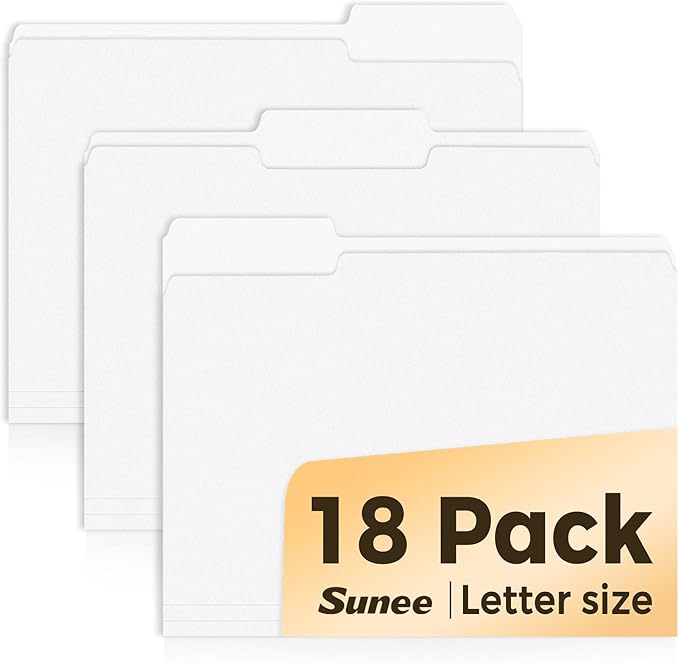 SUNEE File Folders, 18 Pack Manilla Folders 8.5 x 11, 1/3 Cut Tab for Easy Labeling and Organization, Durable Standard Paper for Home, Office, School Filing, White