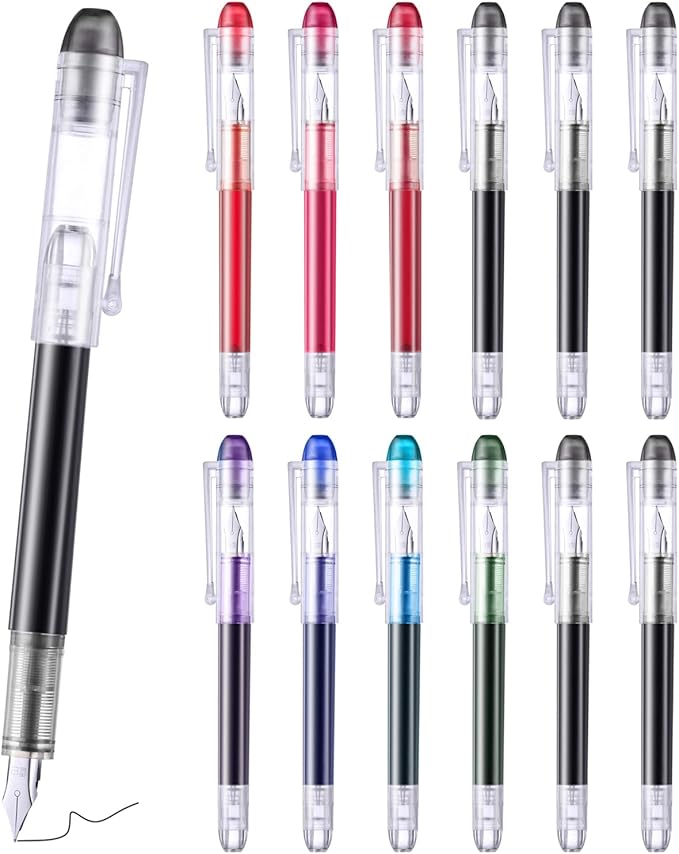 EEOYU 12 Pieces Multicolor Disposable Fountain Pens, Smooth-Writing Office Supplies for Sketching, Journaling, Calligraphy, Doodling and Gifts (Mixed Colors)