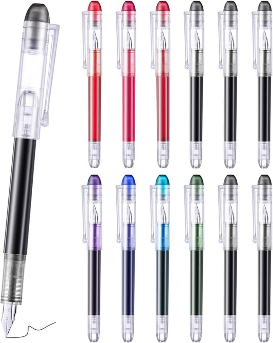 EEOYU 12 Pieces Multicolor Disposable Fountain Pens, Smooth-Writing Office Supplies for Sketching, Journaling, Calligraphy, Doodling and Gifts (Mixed Colors)