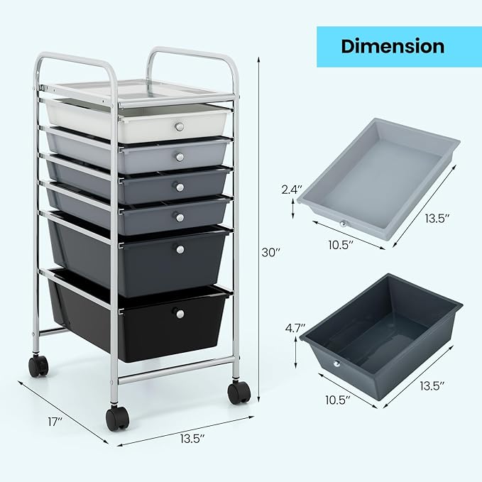 COSTWAY 6-Drawer Rolling Storage Cart, Multifunctional Art Craft Tools Organizer on Wheels, Heavy Duty Utility Mobile Storage Trolley w/ 2 Lockable Wheels for Home Office School, Mixed Black