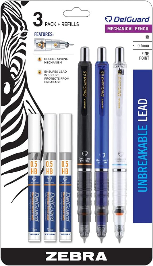 Zebra Pen DelGuard Mechanical Pencil 0.5mm, Black Ink, Black, Blue & White Barrel, Resists Lead Breaking, Double Spring Protection, Built-In Eraser, 3-Pack with Refills, Clip for Easy Carrying (58603)