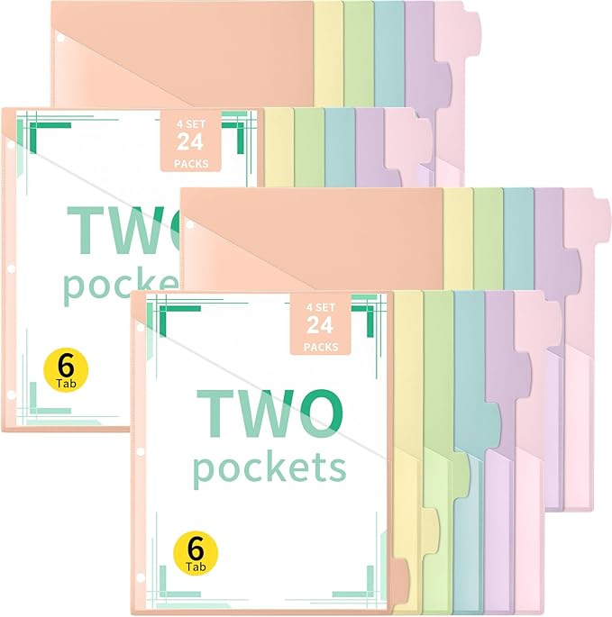 Epakh 24 Pcs Binder Dividers for 3 Rings Binders Index Dividers with Two Clear Pockets Plastics Sheets Protectors with Tab Labels for School Office Organization (Macaron)