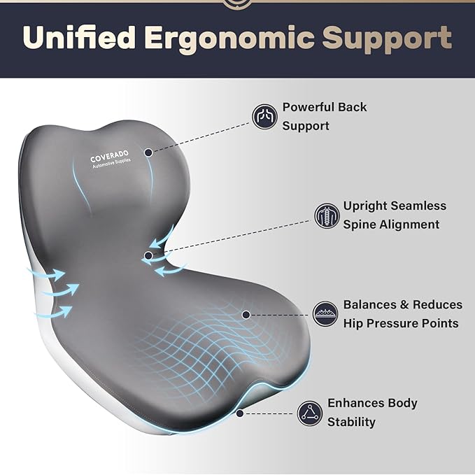 Coverado Upgraded Car Seat Cushion and Lumbar Support Pillow One Piece, Memory Foam Ergonomic Back Support Driving Seat Cushion for Back Pain, Non-Slip Washable Cushion for Car, Driver, Office
