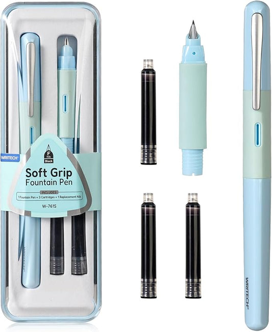 WRITECH Soft Grip Fountain Pen: Black Ink Fine Nib Pen with 1 Replacement Nib Set and 3 Ink Cartridges Smooth Writing for Calligraphy Journaling Gift (Blue)