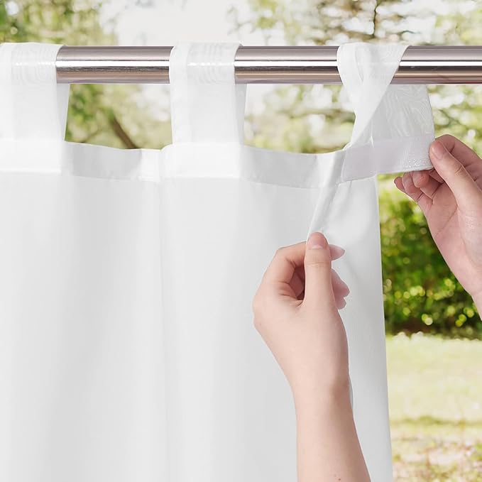 NICETOWN 2 Panels Indoor Outdoor Waterproof Patio Curtains, Sticky Tab Top Soft Voile Sheer Vertical Indoor Outdoor Drapes Easy Hanging for Porch/Cabana, Ivory, W54 x L96