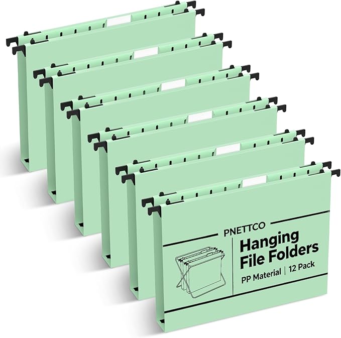 Extra Capacity Plastic Hanging File Folder, 12 Pack Reinforced Hang Folders Letter Size, Heavy Duty 1 Inch Expansion Filing Cabinet Folders, for Bulk Files, Medical Charts, Sage Green