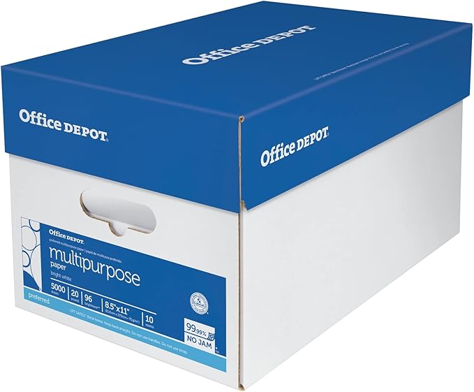 Office Depot® Multi-Use Printer & Copy Paper, 10 Reams, White, Letter (8.5" x 11"), 5000 Sheets Per Case, 20 Lb, 96 Brig