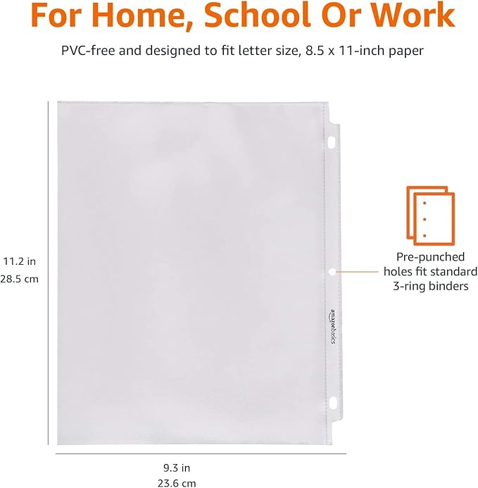Amazon Basics Heavy Duty Sheet Protectors for 3 Ring Binder, Top Loading, 8.5 x 11 inch Letter Size, Clear, 100-Pack