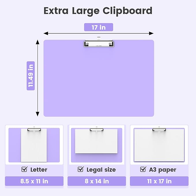 Extra Large 11x17 Clipboards, Plastic Purple Drawing Boards, Horizontal Clip Board, Landscape Layout. Suitable for Watercolor, Sketching, Painting. Art & Drafting Supply(Pack of 6)